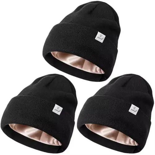 3 Pack Satin Lined Winter Beanie Hats for Women Men,Silk Lined Womens Beanies Knit Soft Warm Cuffed Hat - 1