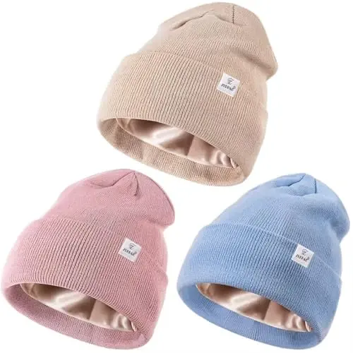 3 Pack Satin Lined Winter Beanie Hats for Women Men,Silk Lined Womens Beanies Knit Soft Warm Cuffed Hat - 1