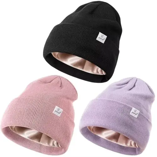 3 Pack Satin Lined Winter Beanie Hats for Women Men,Silk Lined Womens Beanies Knit Soft Warm Cuffed Hat - 1