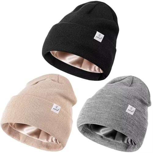 3 Pack Satin Lined Winter Beanie Hats, Silk Lined Beanie Knit Soft Warm Cuffed Hat for Women Men - 1