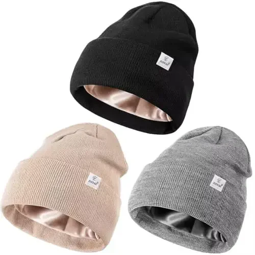 3 Pack Satin Lined Winter Beanie Hats, Silk Lined Beanie Knit Soft Warm Cuffed Hat for Women Men 