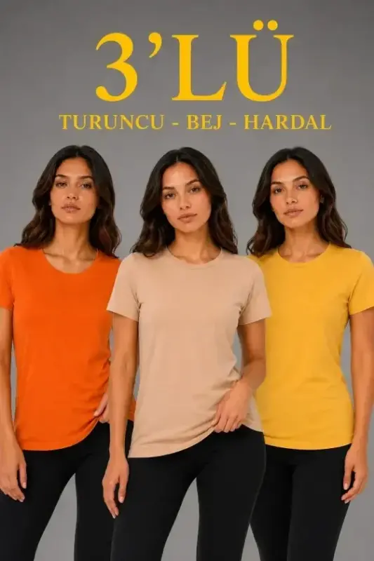 3-Pack Short Sleeve Crew Neck Basic Slim Fit T-Shirt - Orange - Beige - Mustard - 1