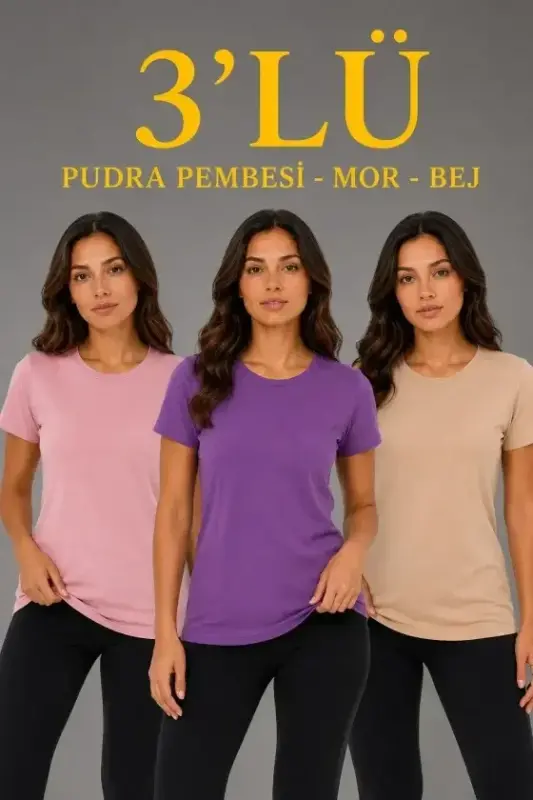 3-Pack Short Sleeve Crew Neck Basic Slim Fit T-Shirt - Powder Pink - Purple - Beige - 1