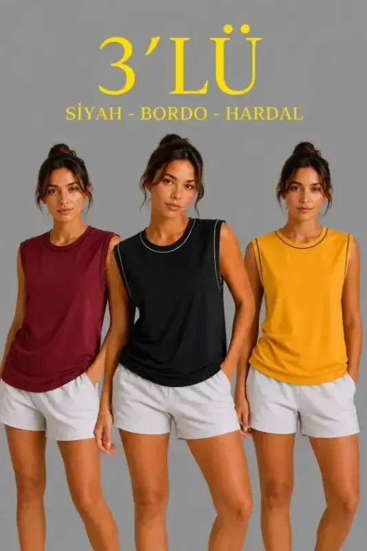 3-Pack Sleeveless Sports Tank Top Set Summer Crew Neck - Black, Maroon, Mustard - BÜYÜKBEDENIZ