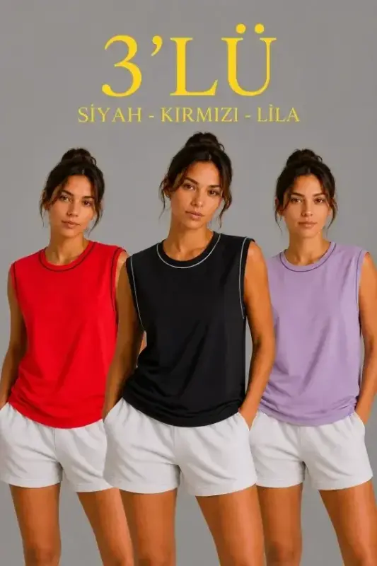 3-Pack Sleeveless Sports Tank Top Set Summer Crew Neck - Black, Red, Lilac - 1
