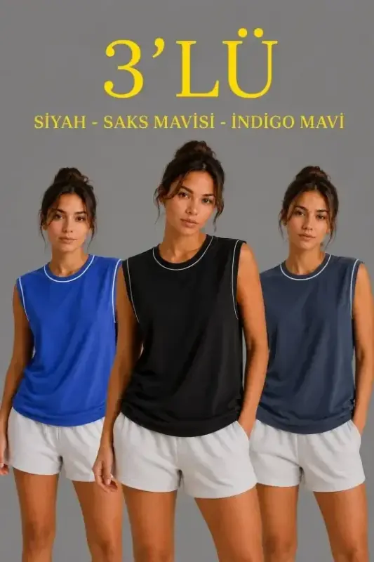 3-Pack Sleeveless Sports Tank Top Set Summer Crew Neck - Black, Royal Blue, Indigo - BÜYÜKBEDENIZ