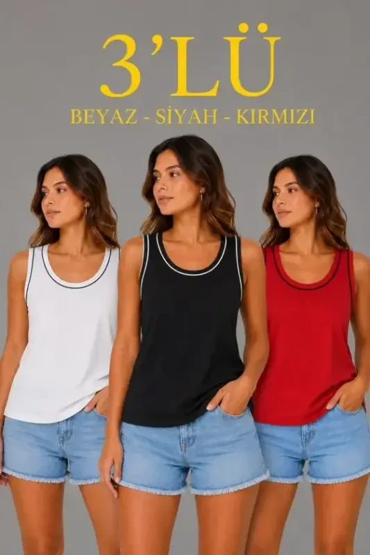 3-Pack Sleeveless Sports Tank Top Set Summer Crew Neck - White, Black, Red - 1