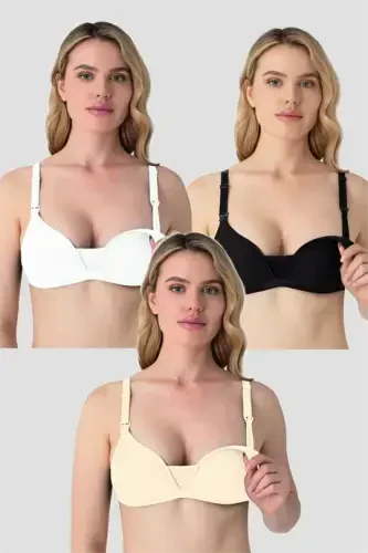 3-Pack White Black Nude Women's Wirefree Padded Nursing Bra Nipple Concealing Cotton Soft Touch - 1