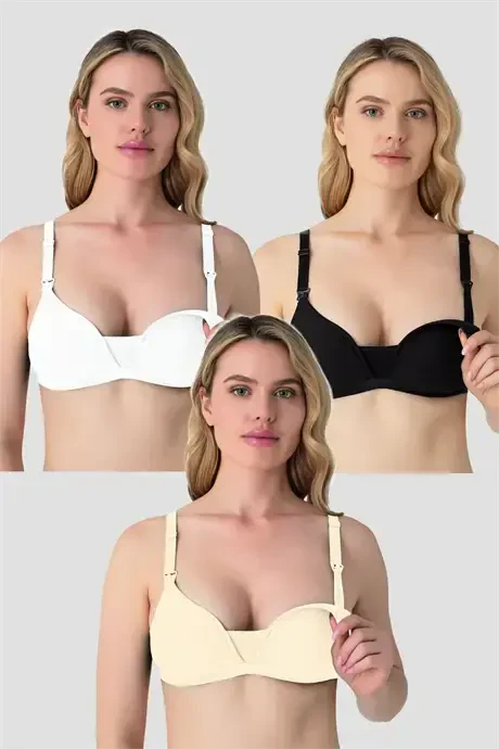 3-Pack White Black Nude Women's Wirefree Padded Nursing Bra Nipple Concealing Cotton Soft Touch - BÜYÜKBEDENIZ