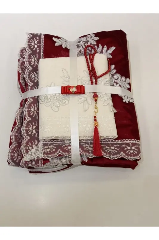 3 Parça Hediyelik Çeyizlik Kadife Seccade Seti-bordo - 3