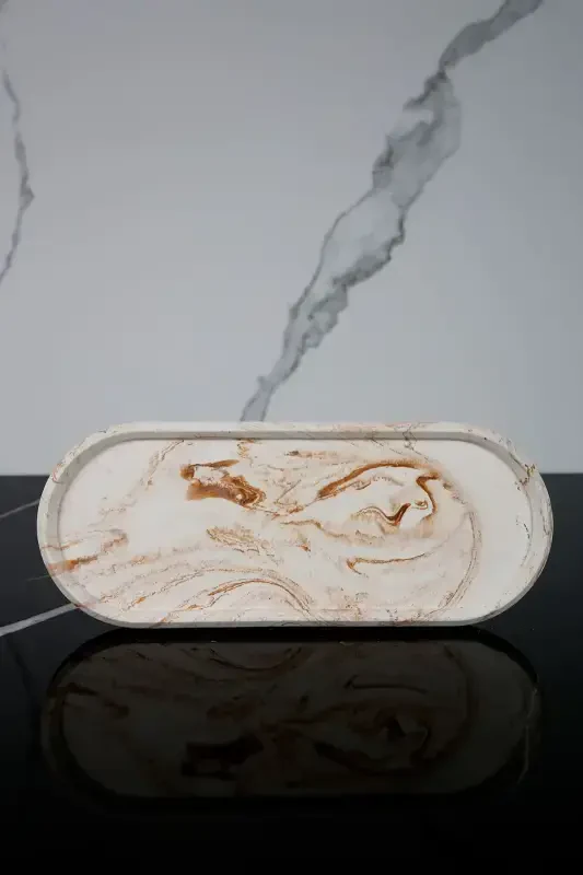 3 Parça Mermer Desenli Beton Banyo Seti Sıvı Sabunluk Diş Fırçalık Sunum Tepsisi-Bej - 3