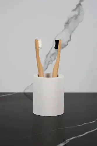 3 Parça Mermer Desenli Beton Banyo Seti Sıvı Sabunluk Diş Fırçalık Sunum Tepsisi-Beyaz - 2