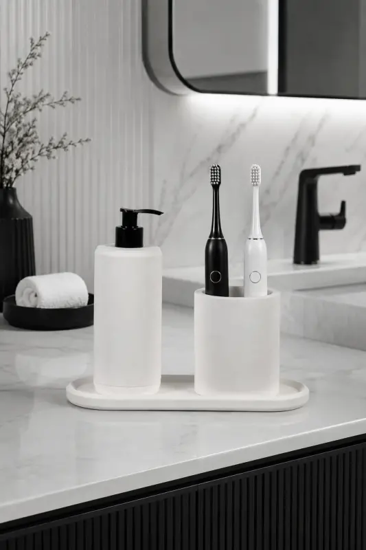 3 Parça Mermer Desenli Beton Banyo Seti Sıvı Sabunluk Diş Fırçalık Sunum Tepsisi - Beyaz - 2