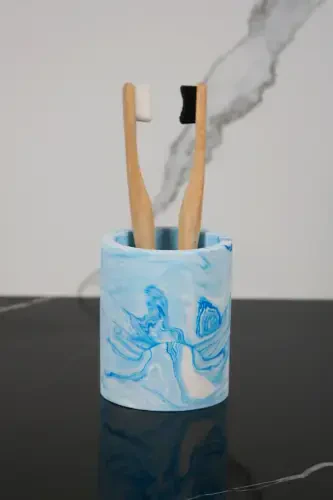 3 Parça Mermer Desenli Beton Banyo Seti Sıvı Sabunluk Diş Fırçalık Sunum Tepsisi-Mavi - 2