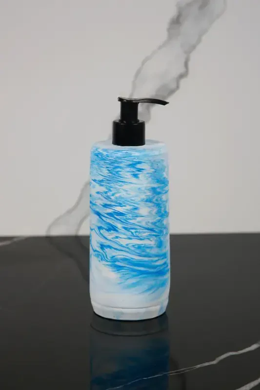 3 Parça Mermer Desenli Beton Banyo Seti Sıvı Sabunluk Diş Fırçalık Sunum Tepsisi-Mavi - 3