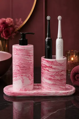 3 Parça Mermer Desenli Beton Banyo Seti Sıvı Sabunluk Diş Fırçalık Sunum Tepsisi - Pembe 