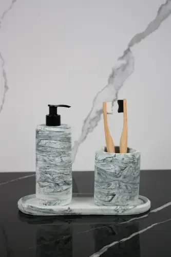 3 Parça Mermer Desenli Beton Banyo Seti Sıvı Sabunluk Diş Fırçalık Sunum Tepsisi-Yeşil - 1