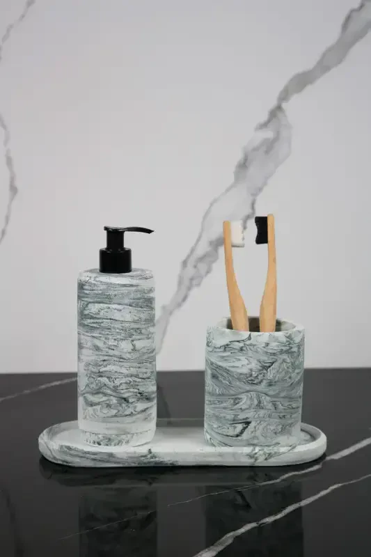 3 Parça Mermer Desenli Beton Banyo Seti Sıvı Sabunluk Diş Fırçalık Sunum Tepsisi-Yeşil - 1