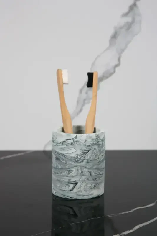 3 Parça Mermer Desenli Beton Banyo Seti Sıvı Sabunluk Diş Fırçalık Sunum Tepsisi-Yeşil - 2