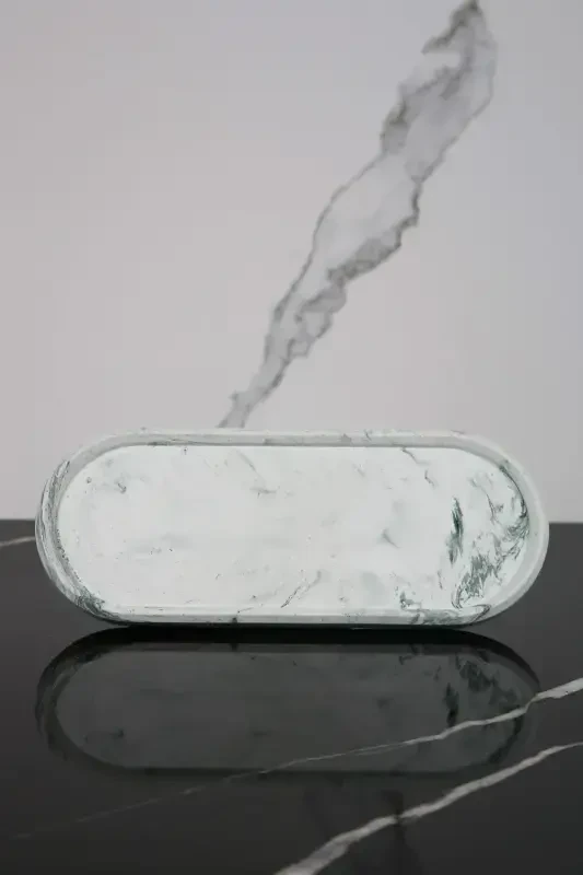 3 Parça Mermer Desenli Beton Banyo Seti Sıvı Sabunluk Diş Fırçalık Sunum Tepsisi-Yeşil - 4