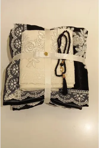 3 Parça Siayah Hediyelik Çeyizlik Seccade Bohça Seti-siyah 