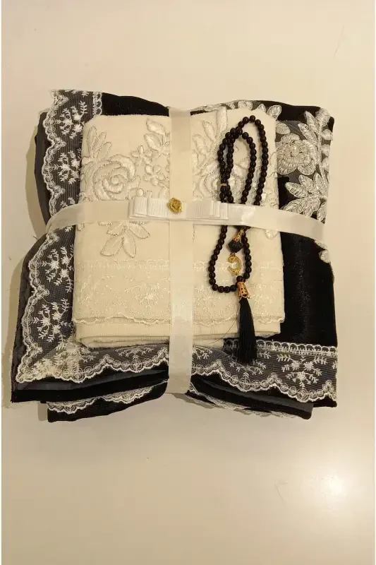 3 Parça Siayah Hediyelik Çeyizlik Seccade Bohça Seti-siyah - CEYIZIMDEKOR