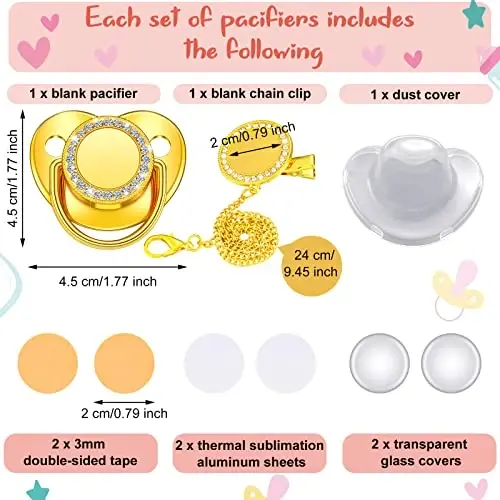 3 Pieces Sublimation Pacifier Set Name Custom Baby Bling Pacifier Clip Glitter Personalized Artificial Crystal Decoration for Girl Boys Baby with Blanks - 2