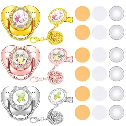 3 Pieces Sublimation Pacifier Set Name Custom Baby Bling Pacifier Clip Glitter Personalized Artificial Crystal Decoration for Girl Boys Baby with Blanks - MODAZONE