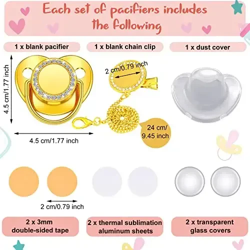 3 Pieces Sublimation Pacifier Set Name Custom Baby Bling Pacifier Clip Glitter Personalized Artificial Crystal Decoration for Girl Boys Baby with Blanks - MODAZONE (1)