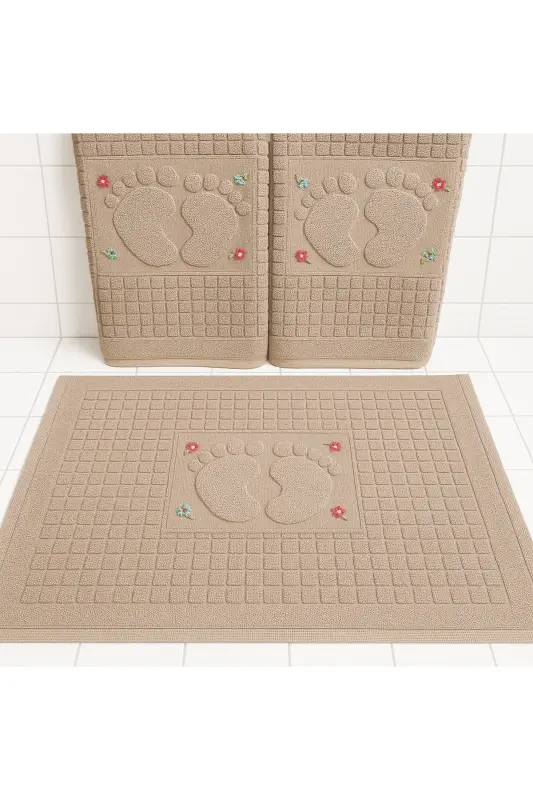 3 Pcs Embroidered Foot Towel 100% Cotton Size: 50x70 - Beige - 2