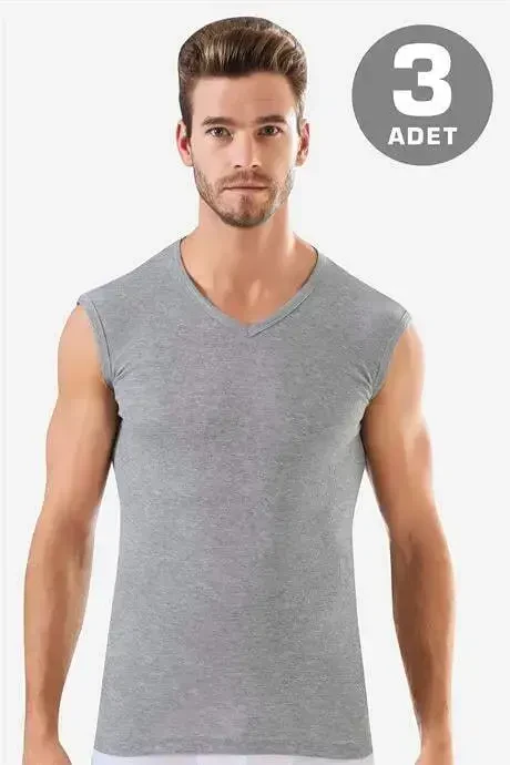 3 Pcs Gray Sleeveless Men's Tank Top V Neck Muscle Shirt 100% Cotton - 1