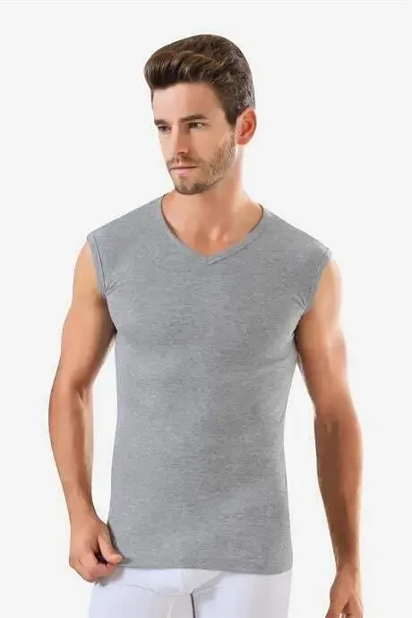 3 Pcs Gray Sleeveless Men's Tank Top V Neck Muscle Shirt 100% Cotton - 2