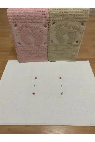 3 Pcs Powder*cream*brown Color Embroidered Foot Towel 100% Cotton Size: 50x70 - BROWN - AYHANHOME (1)