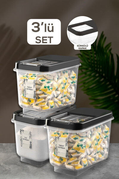 3-Piece 10 Liters Sliding Lid Tablet Detergent Storage Box - Labelled Detergent Storage Container Anthracite - MELENI HOME