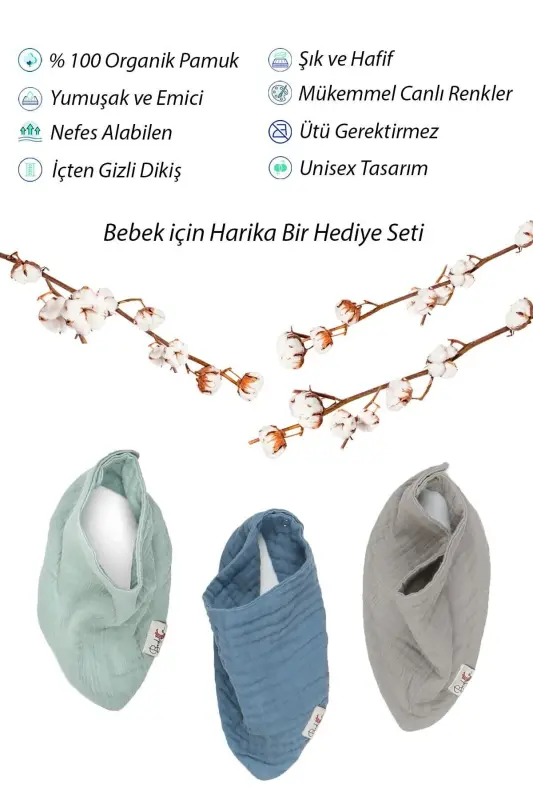 3-Piece 100% Organic Cotton Baby Muslin Bib - Girl Boy Baby Drool and Food Bib, Scarf, Collar - 4