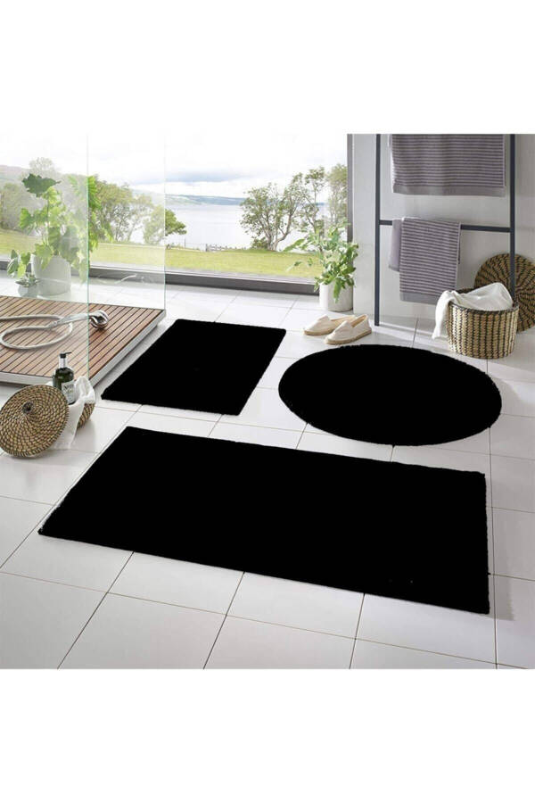 3-Piece Bathroom Rug Set Plush Carpet Toilet Set Black 60x100 60x40 60x60(ROUND) - 3