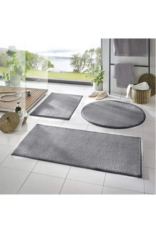 3-Piece Bathroom Rug Set Plush Carpet Toilet Set Gray 50x90-50x60--50x50(ROUND)-Silver - 1