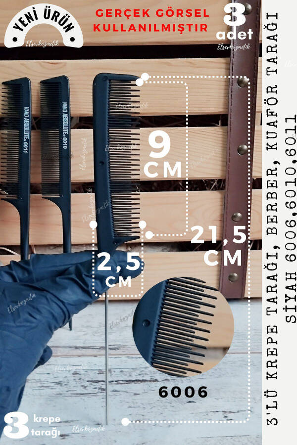 3-Piece Black Crepe Comb, Barber, Hairdresser Comb Set elsevkozmetik - 6