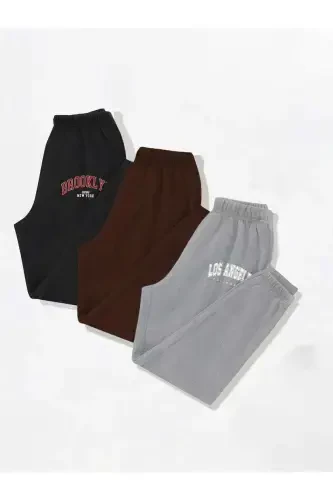 3-Piece City Print Jogger Sweatpants - Black Gray And Brown Elastic Hem High Waist Summer-Black - 1