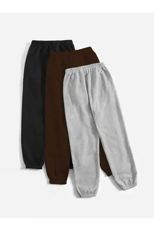 3-Piece City Print Jogger Sweatpants - Black Gray And Brown Elastic Hem High Waist Summer-Black - 2