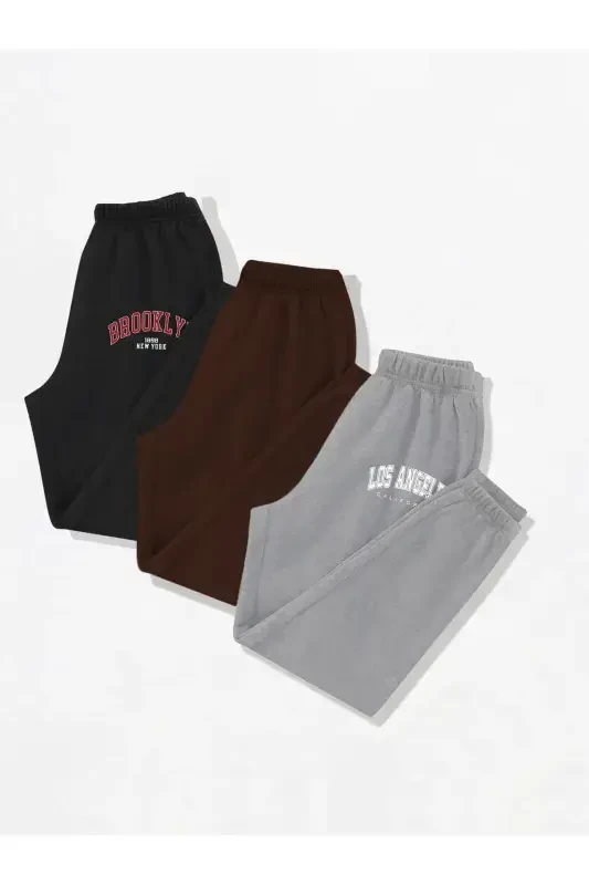 3-Piece City Print Jogger Sweatpants - Black Gray And Brown Elastic Hem High Waist Summer-Black - 3