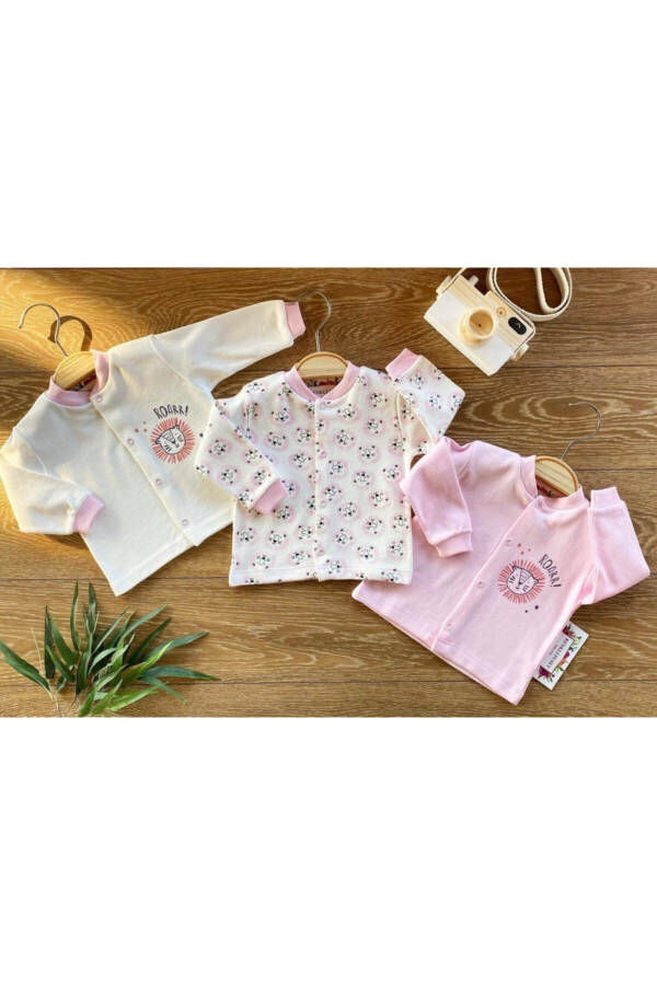 3-Piece Cotton Baby Top Set Lion Pink Blue Brown - 1