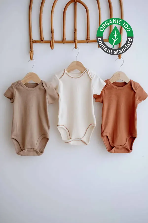 3-Piece Cotton Ribbed Short Sleeve Bodysuit Set Stone/Ecru/Terracotta - 1