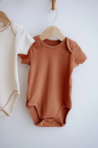 3-Piece Cotton Ribbed Short Sleeve Bodysuit Set Stone/Ecru/Terracotta - LILABIO (1)