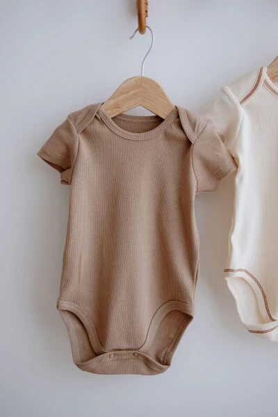 3-Piece Cotton Ribbed Short Sleeve Bodysuit Set Stone/Ecru/Terracotta - 4