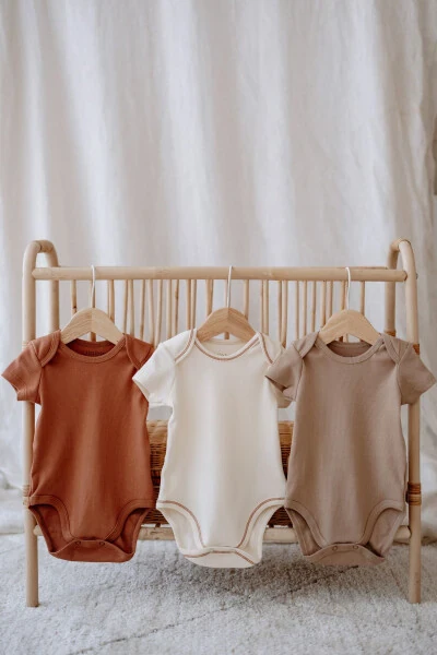 3-Piece Cotton Ribbed Short Sleeve Bodysuit Set Stone/Ecru/Terracotta - 5