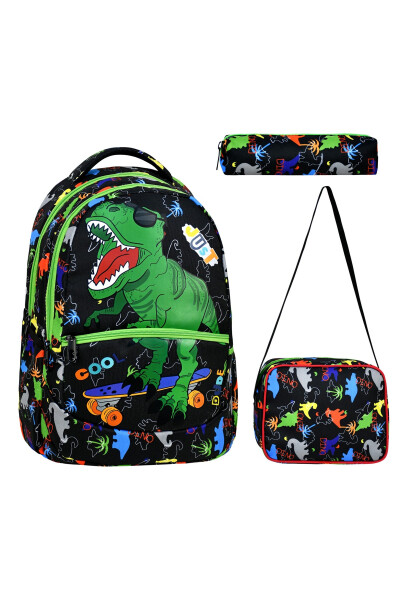 3-Piece Elementary School Dinosaur Patterned, Boys' Lunch Bag and Pencil Case School Backpack - 1