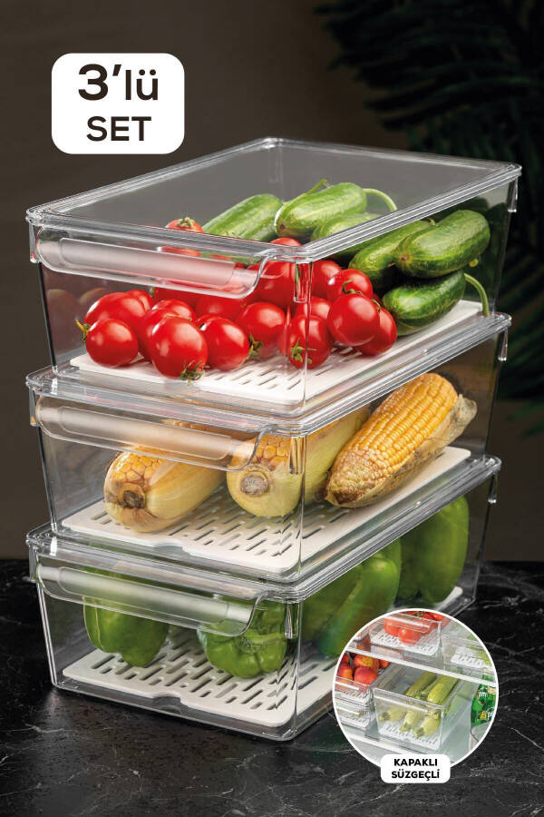 3-Piece Filtered Lidded Refrigerator Organizer Fridge Organizer 10 X 32.5 X 20 Cm - 1