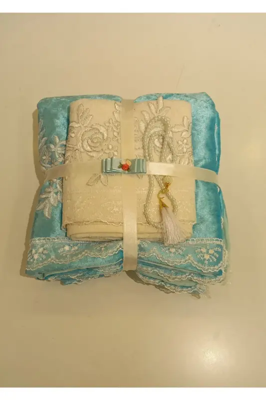 3 Piece Gift Dowry Prayer Rug Bindle Set-turquoise - 1