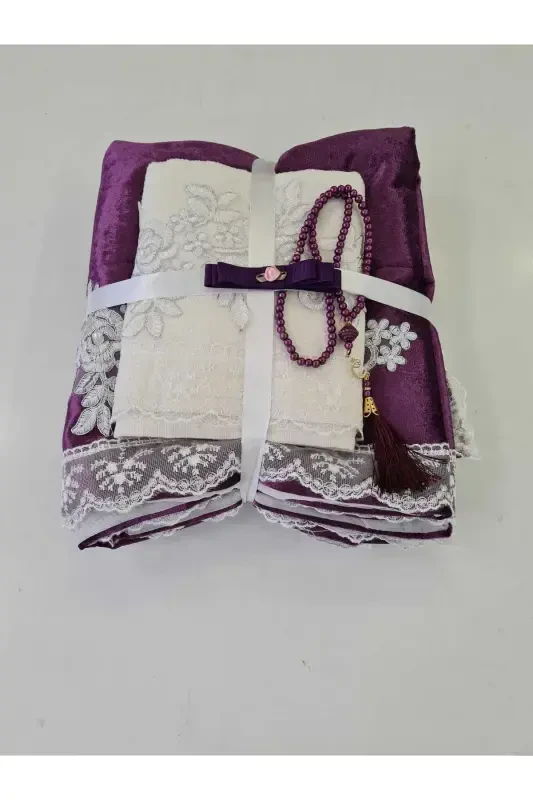 3 Piece Gift Dowry Velvet Prayer Rug Set-eggplant purple - 1
